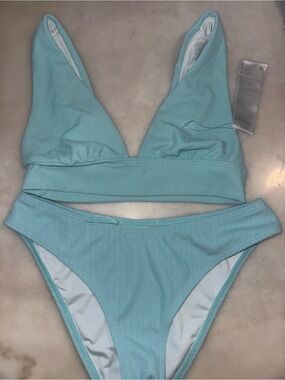 Billabong Aqua Ribbed V-Neck Bikini Set - Women Swim
